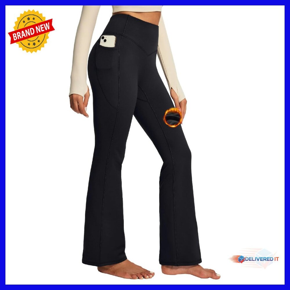 Fleece Lined Flare Leggings High Waisted With Pockets Thermal Yoga Pants